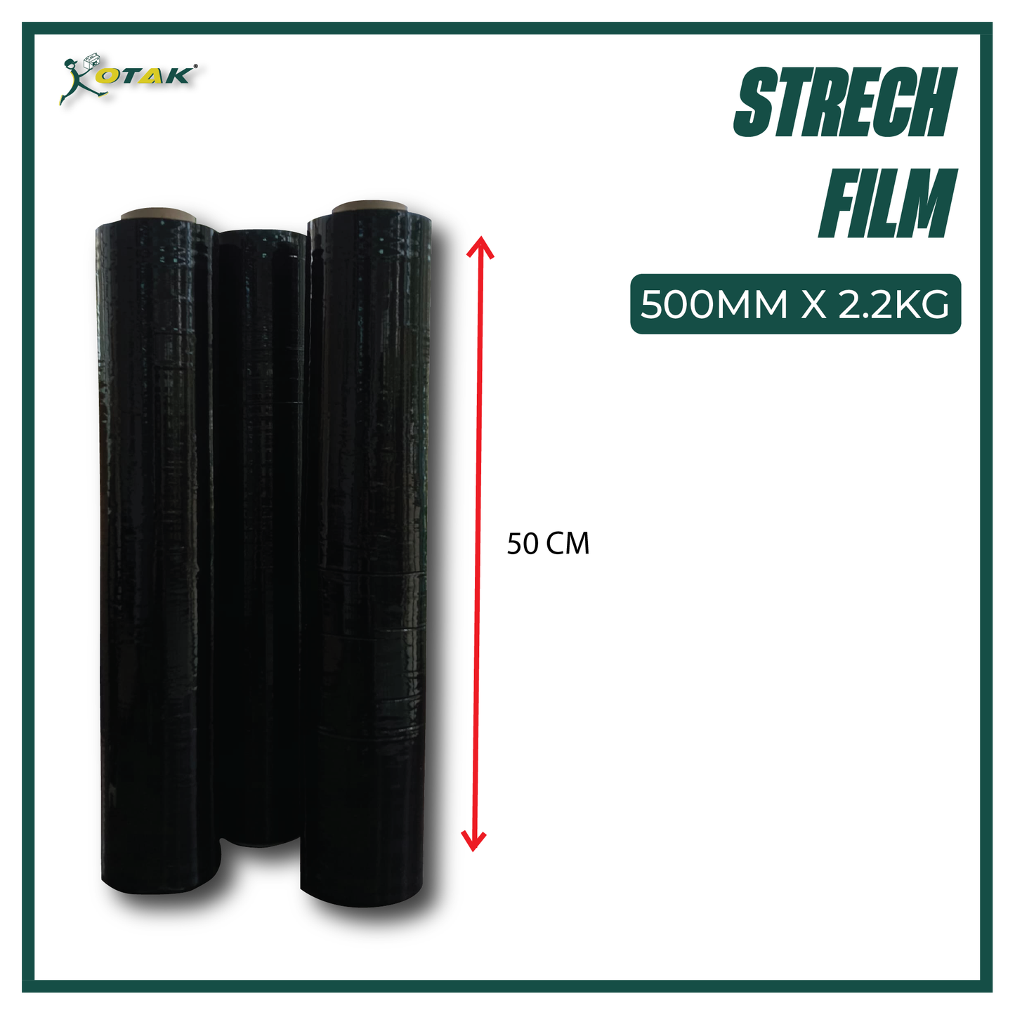 Black Stretch Film 50cm x 2.2kg, Hand Roll, Up to 200 Meter Long (12 pcs)